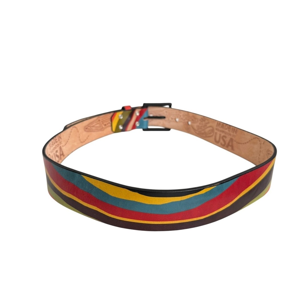 Jon Wye Mens Leather Belt Multicolor Wavy Stripe Made in USA Black Buckle - Picture 5 of 6